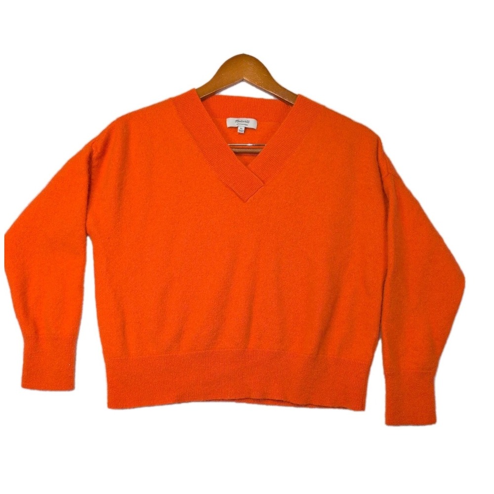 100% Cashmere Madewell Flame Orange V-Neck Short sweater Youth XL Cozy Bold Work